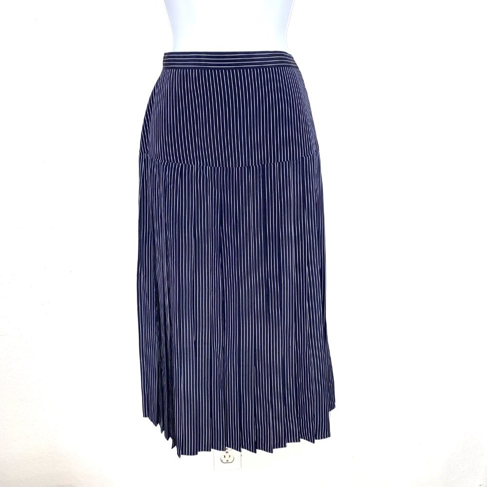 Vintage Sassco Women's Flat Front Pleated Striped Midi Skirt Navy Blue Size 8